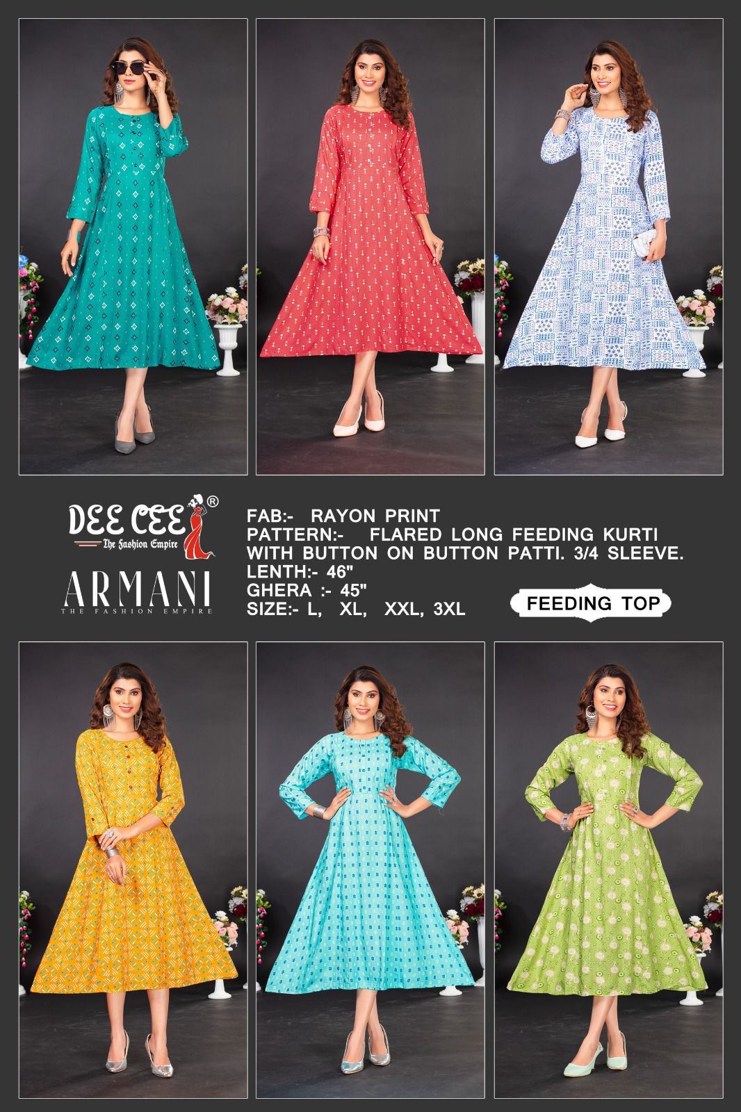 Armani By Dee Cee Flaired Rayon Printed Feeding Kurtis Wholesale Clothing Suppliers In India